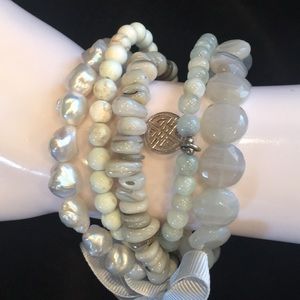 Five strand pearl and natural stone bracelet